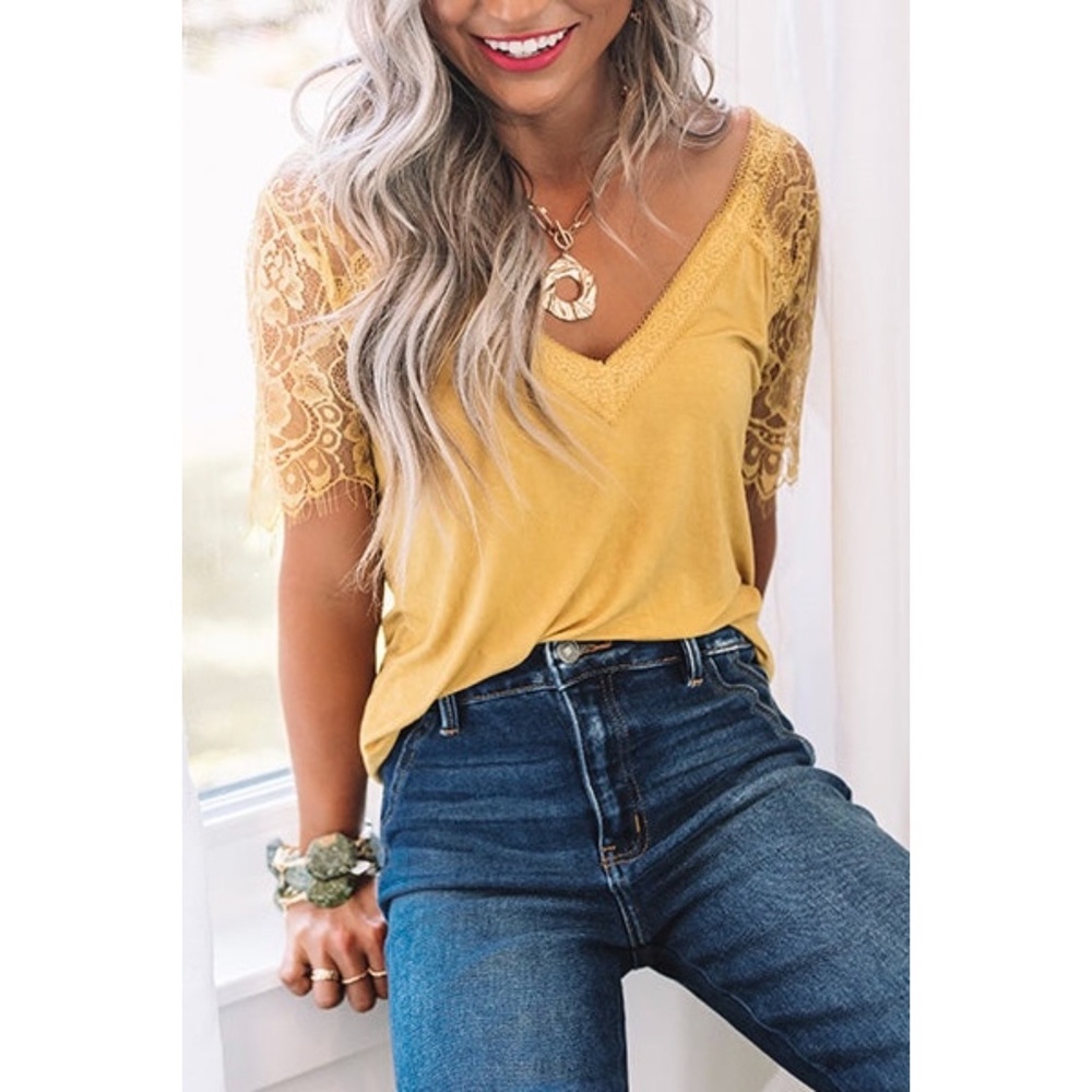 POL Golden Yellow V Neck Lace Sleeve Rayon Jersey Tee - Picture 1 of 7